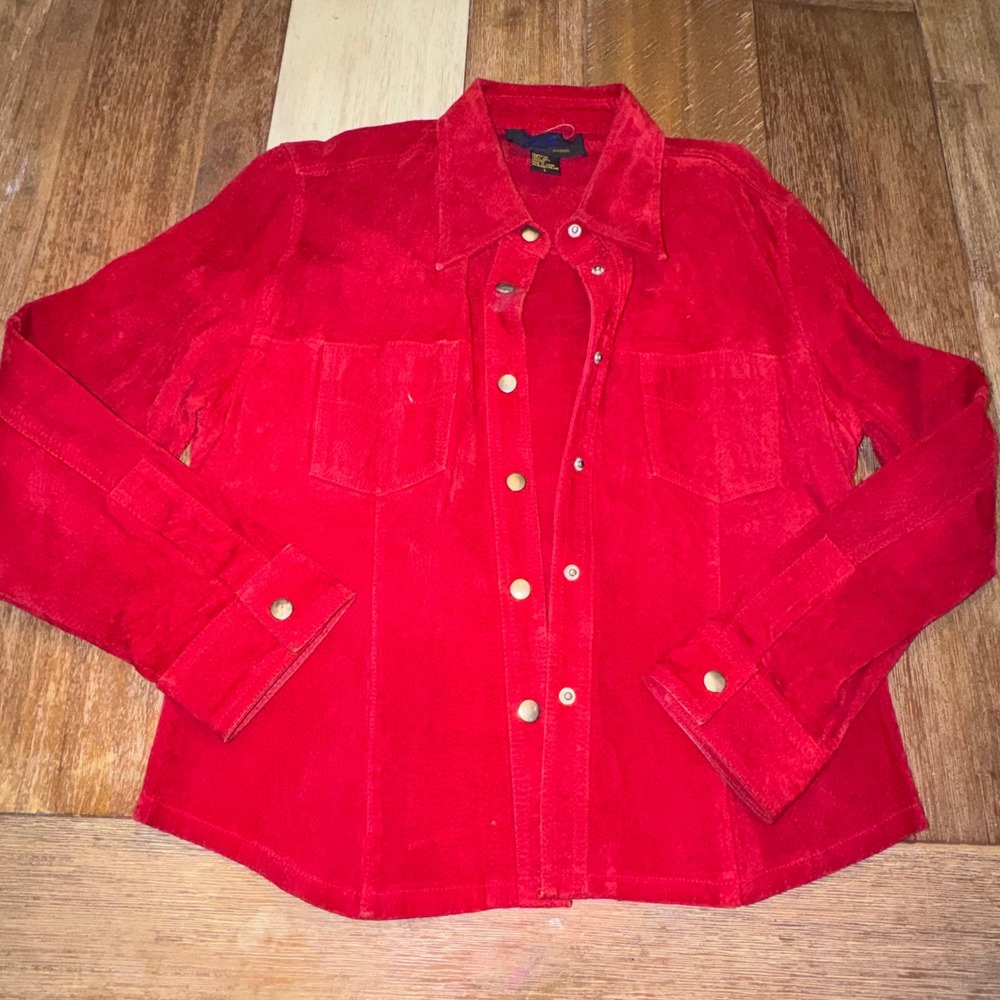 JouJou Jacket Women L Red Excellent Suede Leather Snap Front Long Sleeve Shacket